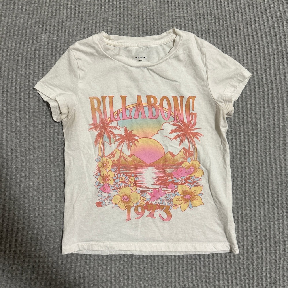 Billabong Graphic T-Shirt Tropical Sunset Cap Sleeves White Mens Size Small